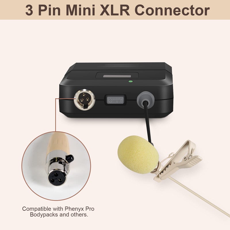 Phenyx Pro Beige Lavalier Lapel & Headset Mic Combo With Mini XLR Jack, Hands-Free Clip-on, Flexible Wired Boom Headset, Compatible With All Wireless Mic Systems - Image 4